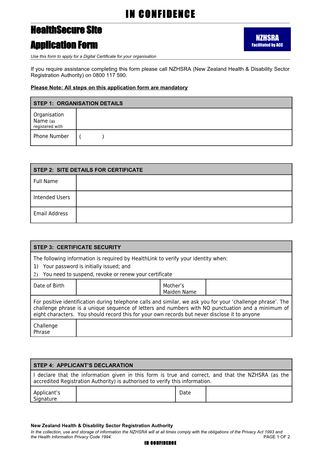 Healthsecure Site Application Form