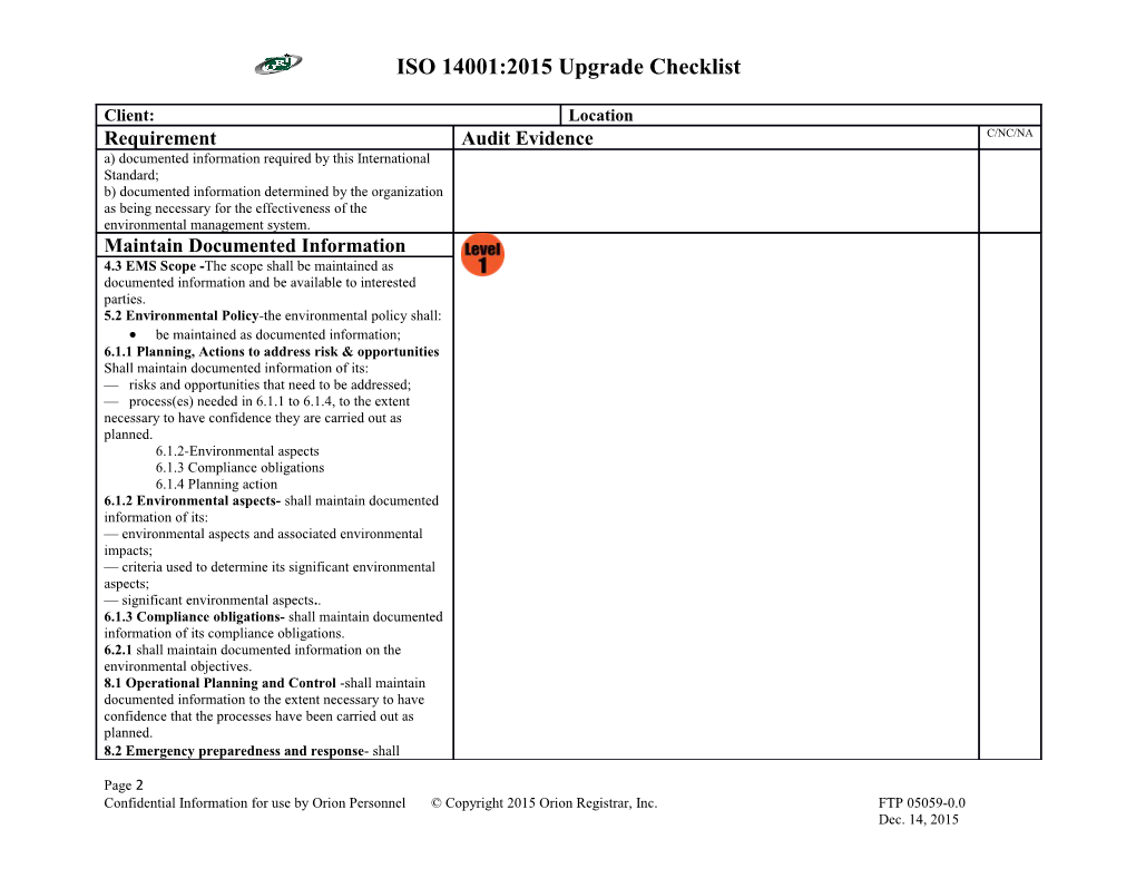 ISO 14001:2015 Upgrade Checklist