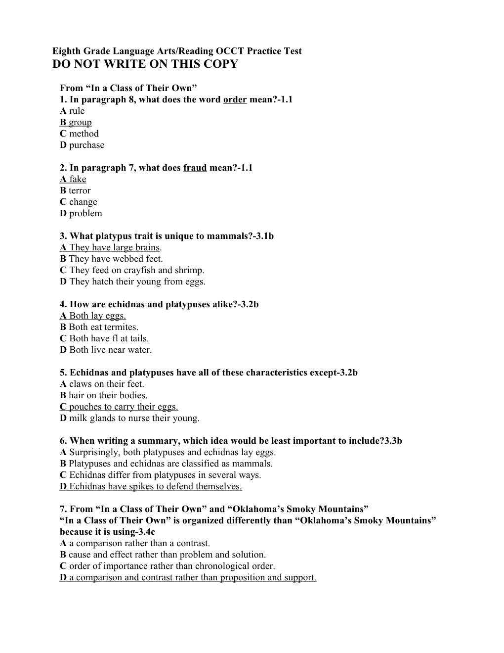 Eighth Grade Language Arts/Reading OCCT Practice Test