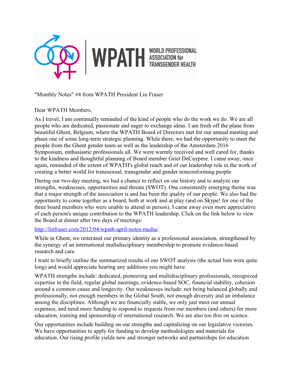 Monthly Notes #4 from WPATH President Lin Fraser