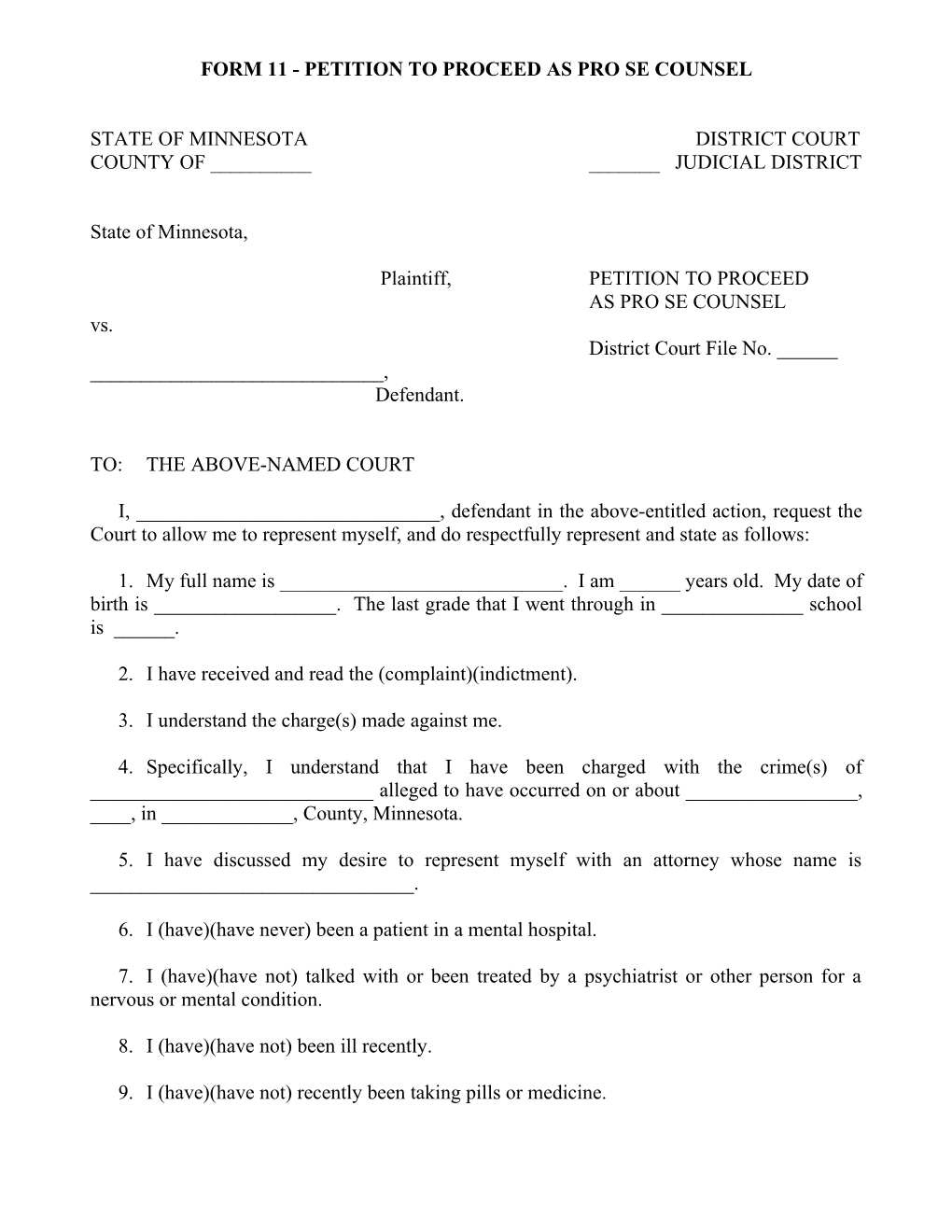 Form 11 - Petition to Proceed Pro Se Counsel