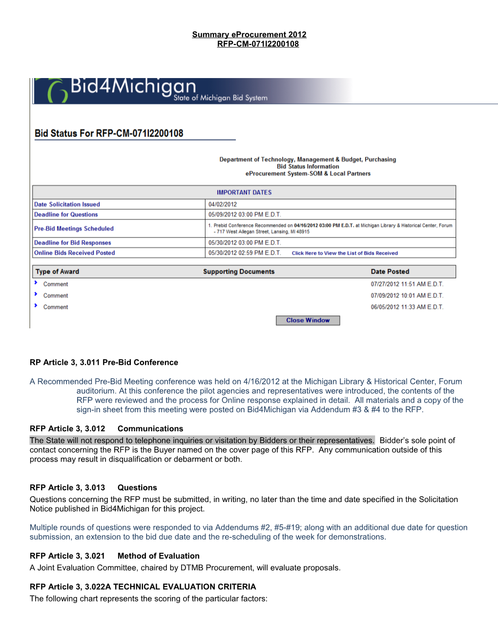 Summary Eprocurement 2012RFP-CM-071I2200108