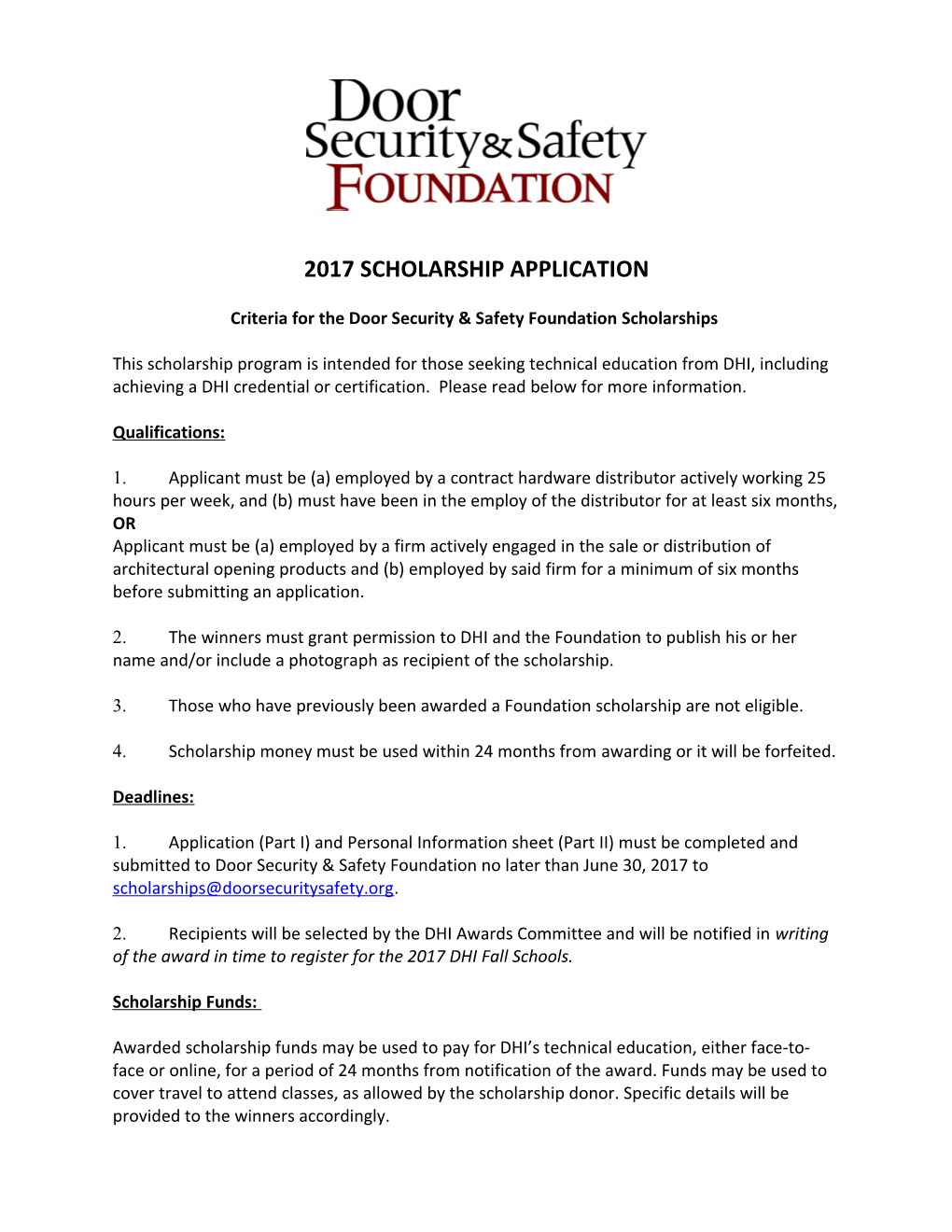 Criteria for the Door Security & Safety Foundation Scholarships