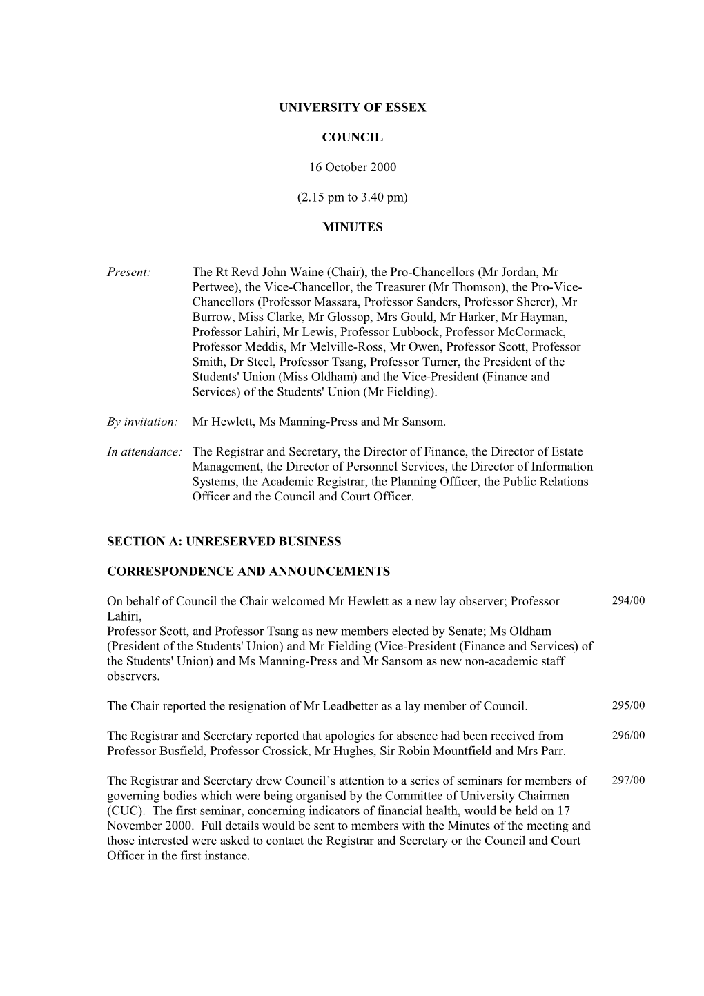 Council Minutes October 2000- University of Essex