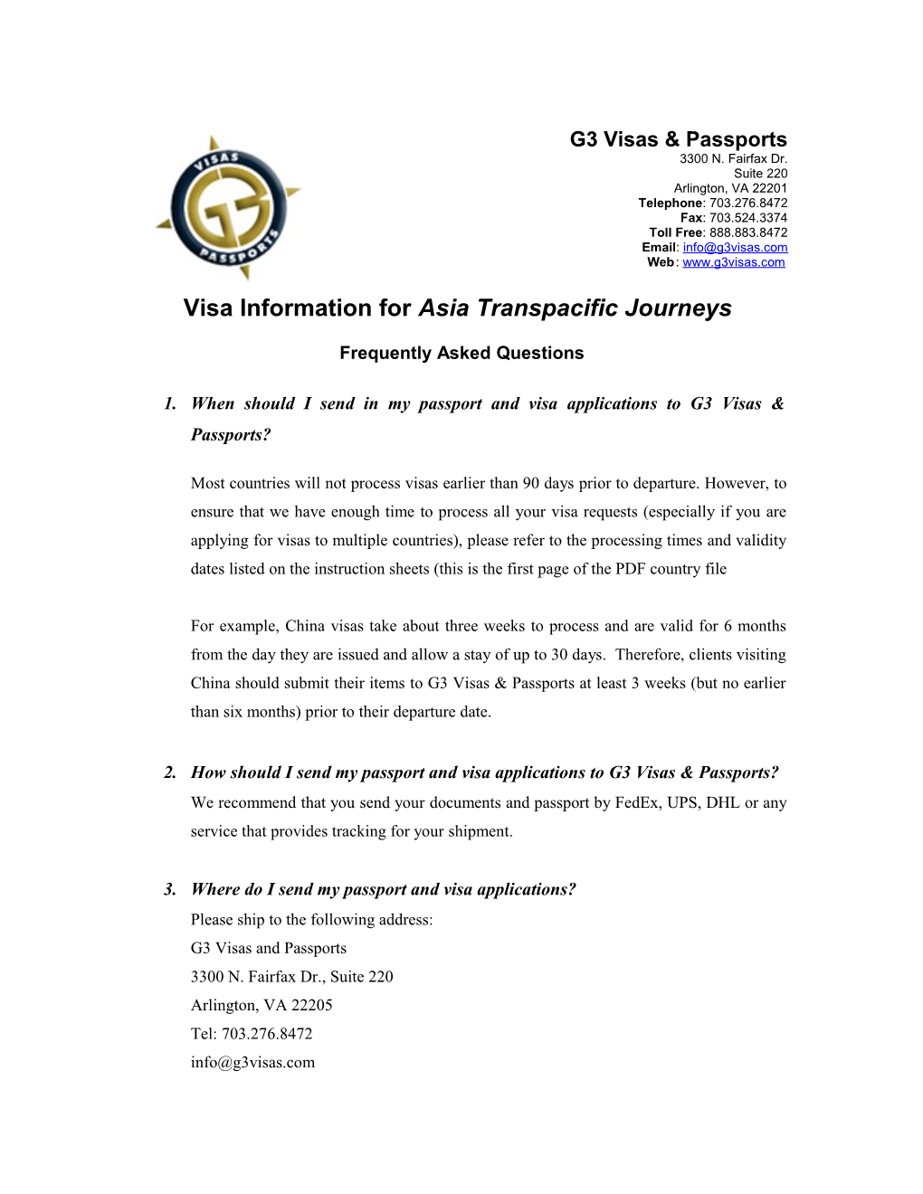Visa Information Forasia Transpacific Journeys