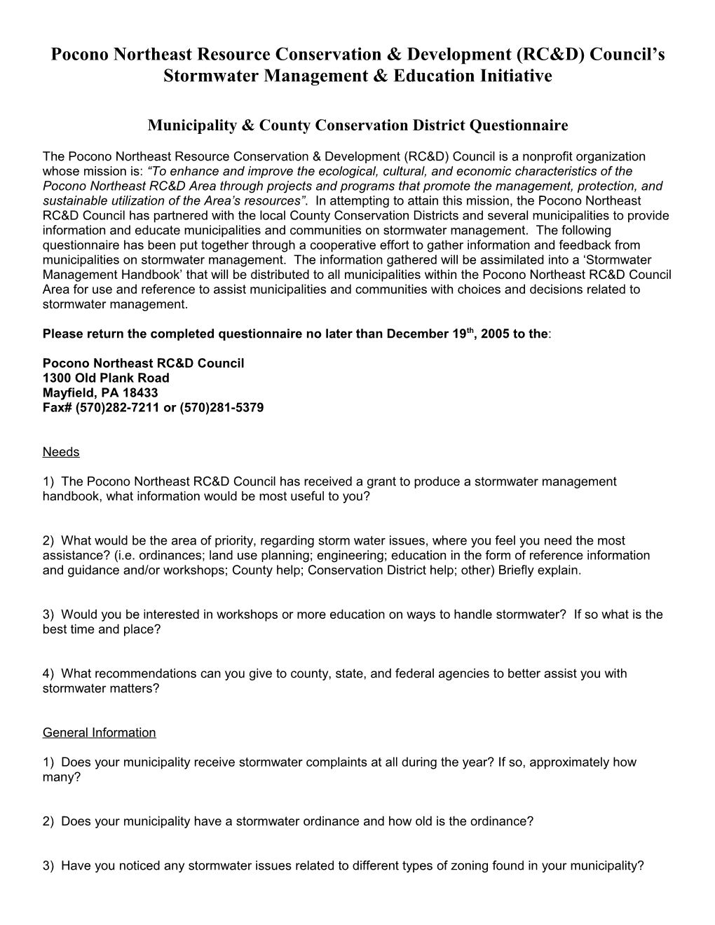 Pocono Northeast Resource Conservation & Development (RC&D) Council S Stormwater Management