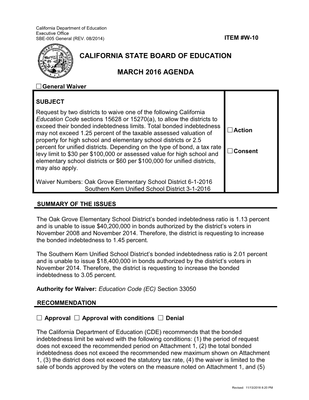 March 2016 Waiver Item W-10 - Meeting Agendas (CA State Board of Education)
