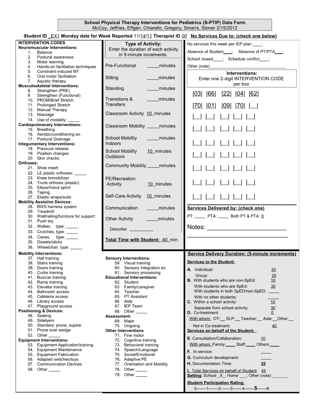 Pediatric Physical Therapy Intervention Activities