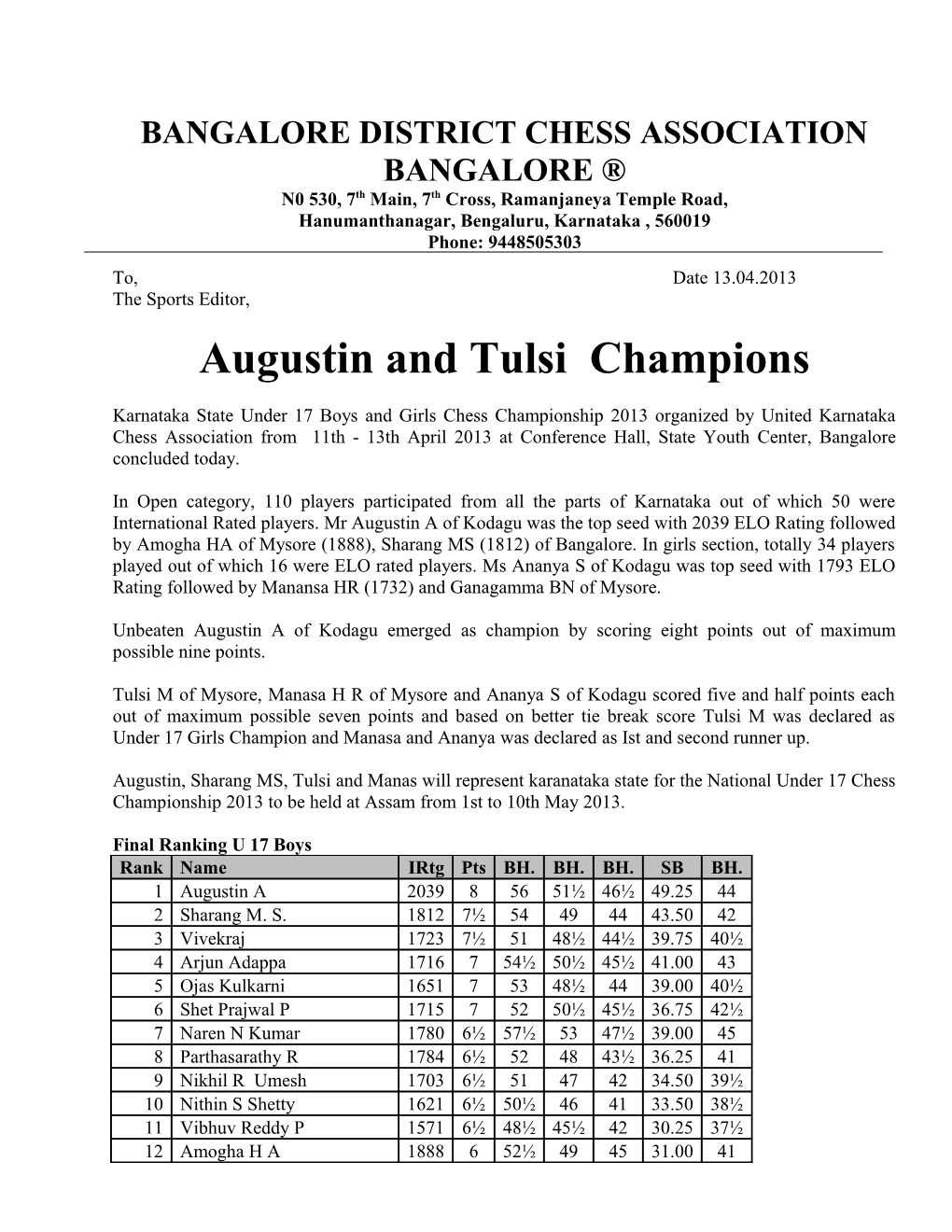 Bangalore District Chess Associationbangalore
