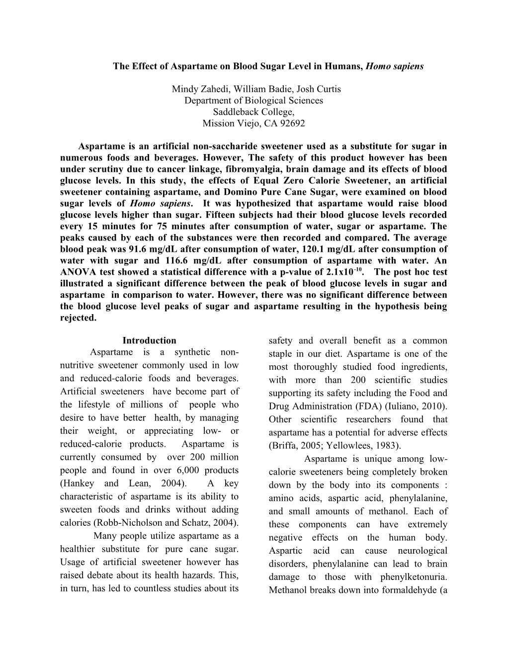 The Effect of Aspartame on Blood Sugar Level in Humans, Homo Sapiens