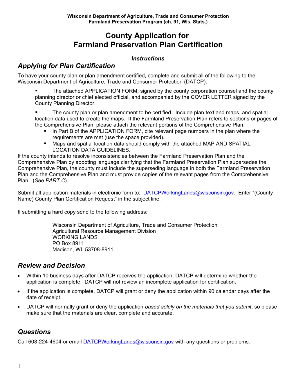 Application for Certification of a County Farmland Preservation Plan