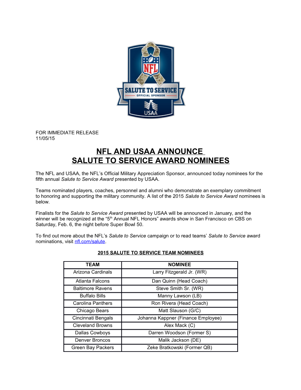 Nfl and Usaa Announce Salute to Service Award Nominees