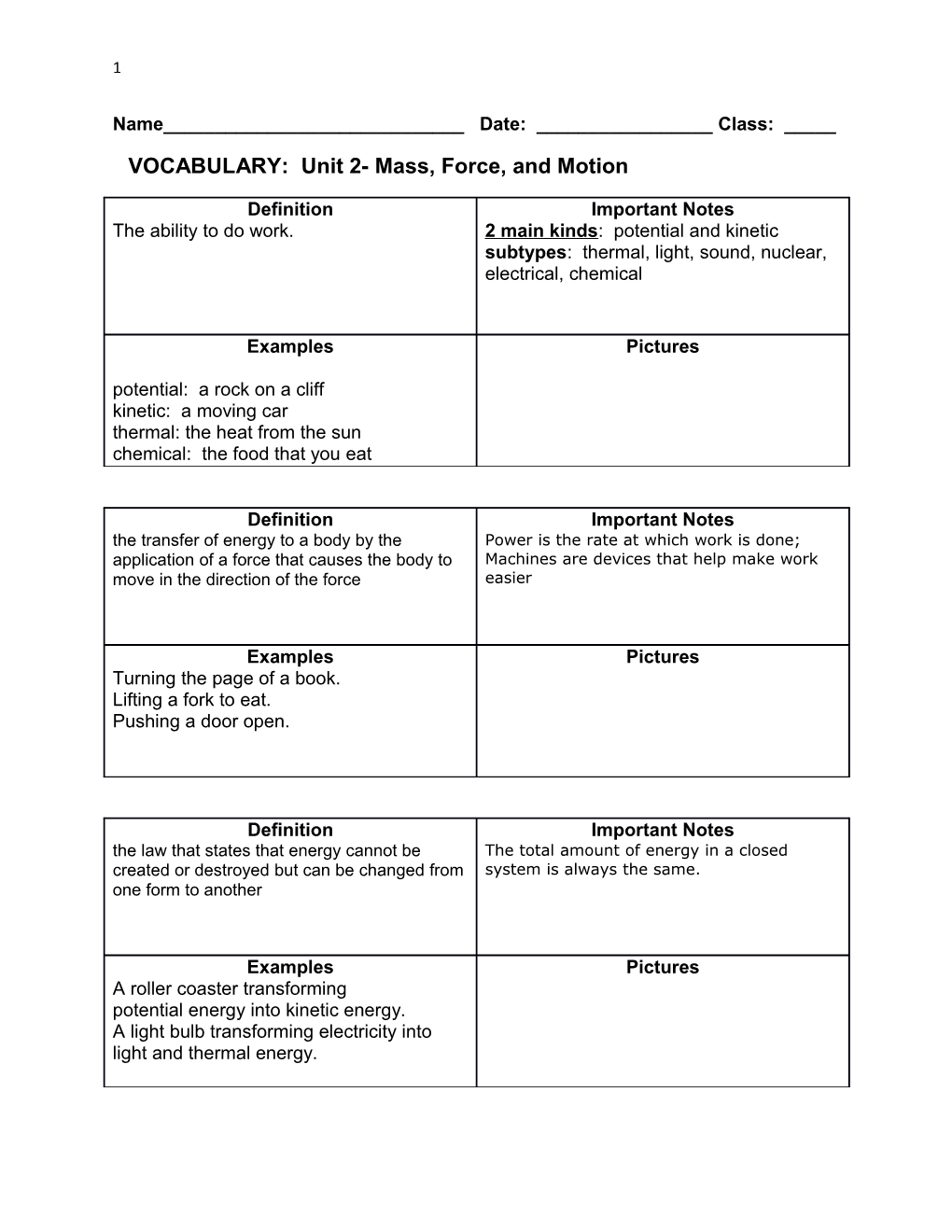 VOCABULARY: Unit 2- Mass, Force, and Motion