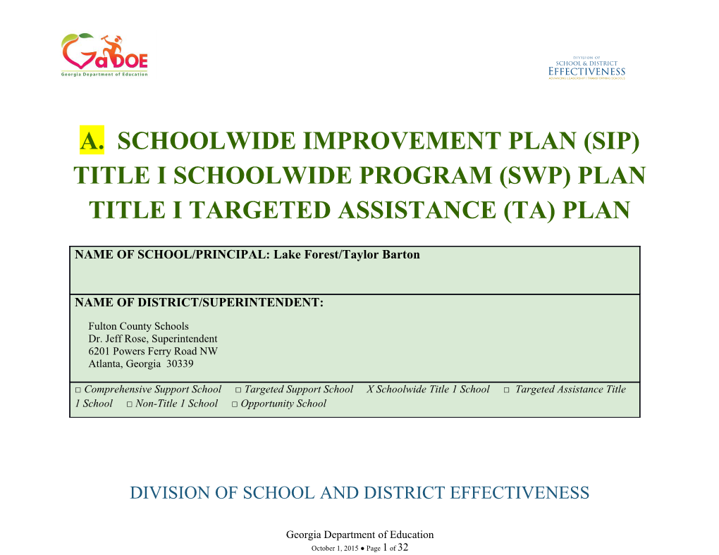 Division of School and District Effectiveness School Improvement PLAN