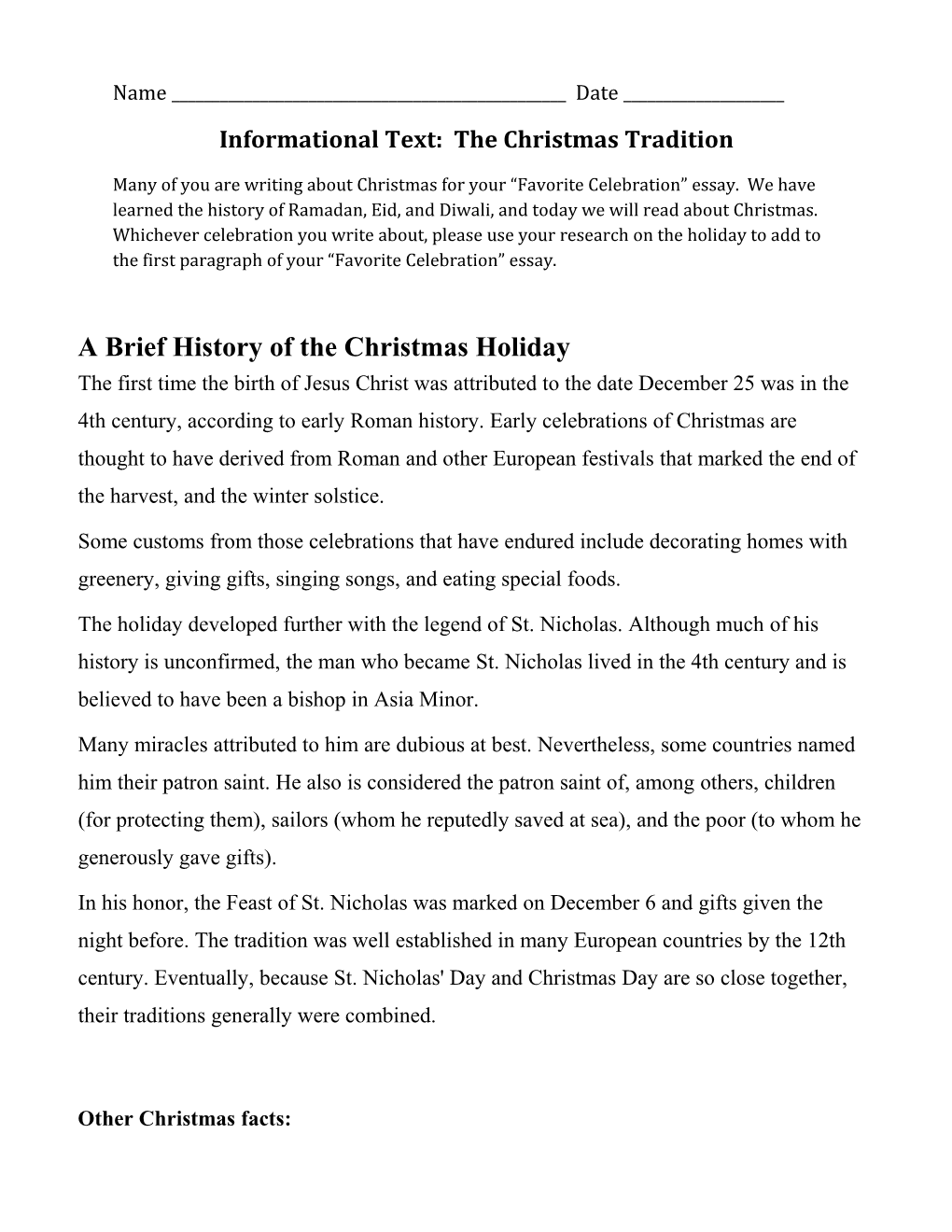 Informational Text: the Christmas Tradition