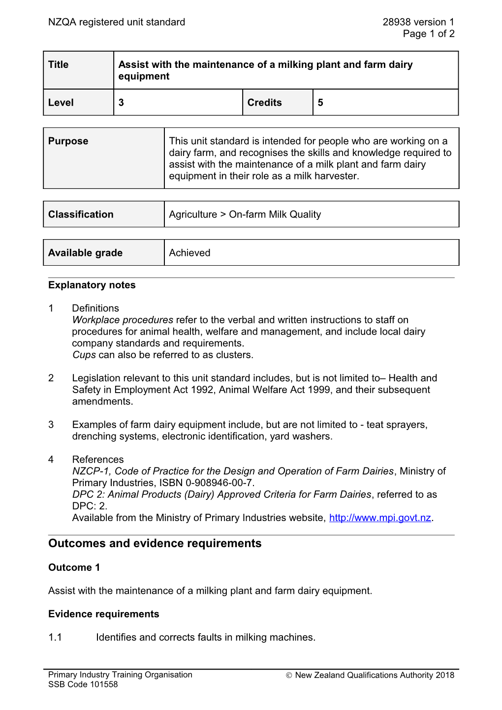 28938 Assist with the Maintenance of a Milking Plant and Farm Dairy Equipment