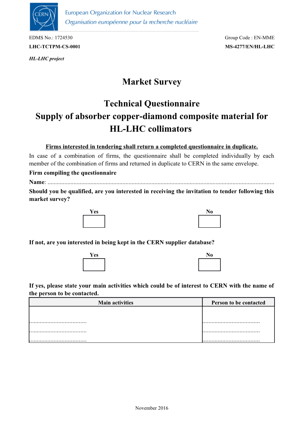 MS Supplies Technical Questionnaire Template