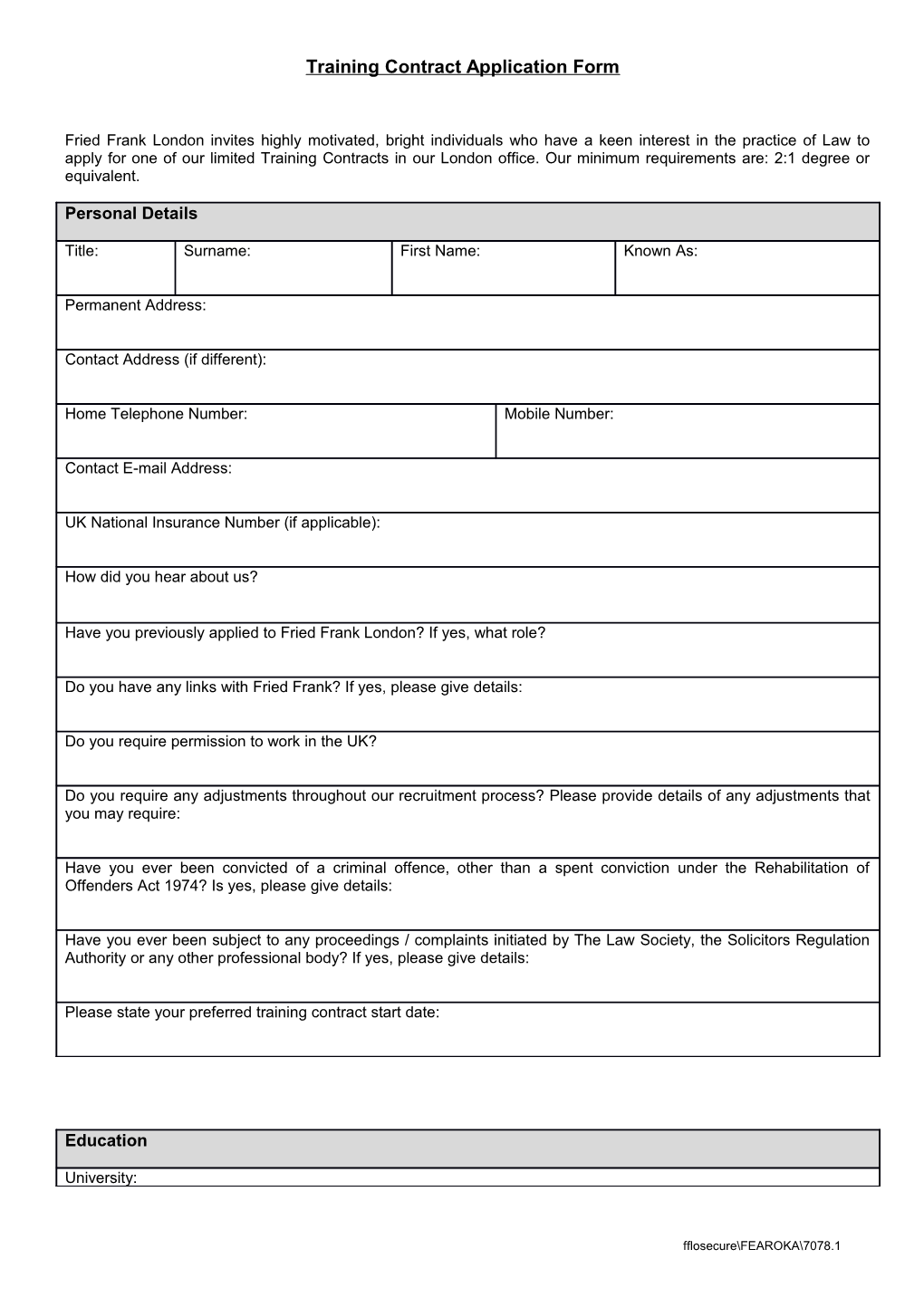 Training Contract Application Form
