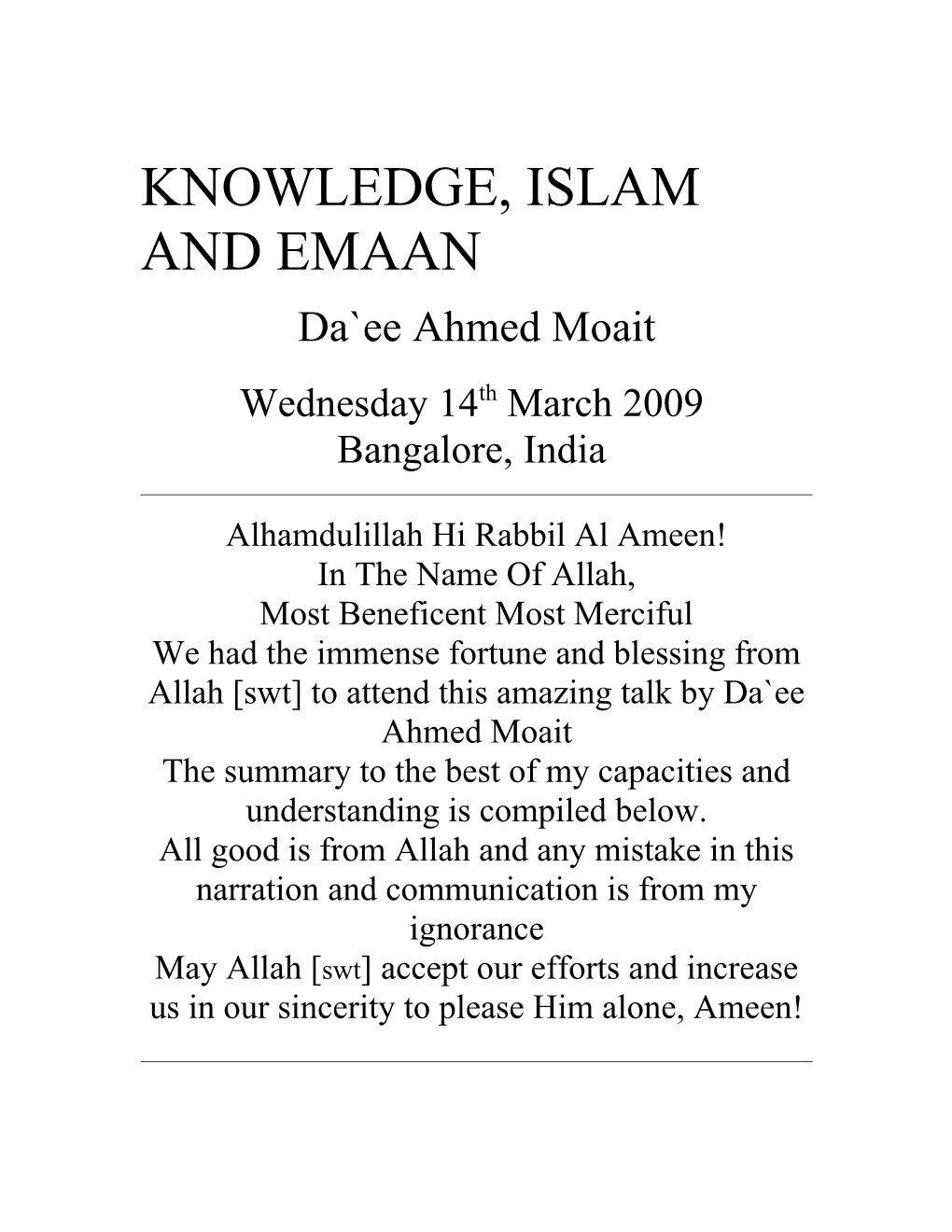 Knowledge, Islam and Imaan