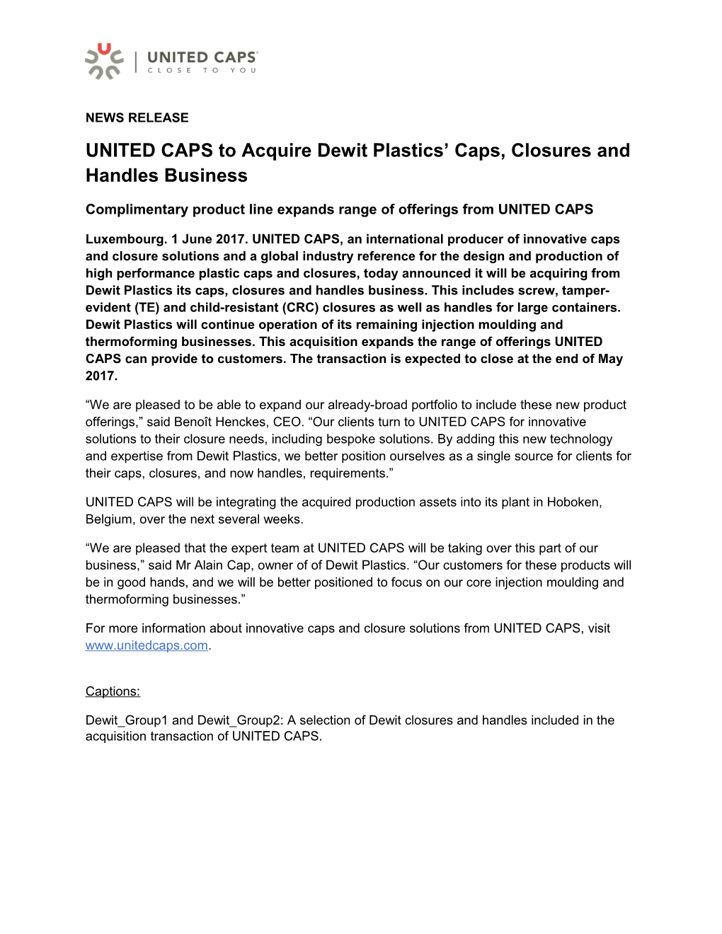 UNITED CAPS to Acquire Dewit Plastics Caps, Closures and Handles Business