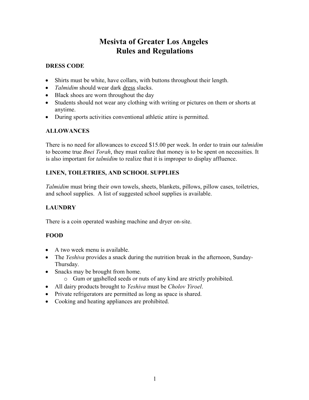 Mesivta of Greater Los Angeles Rules and Regulations