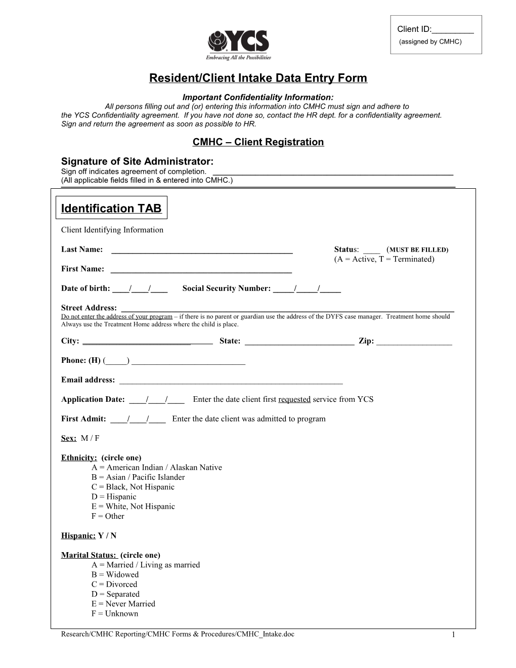 Resident/Client Intake Data Entry Form