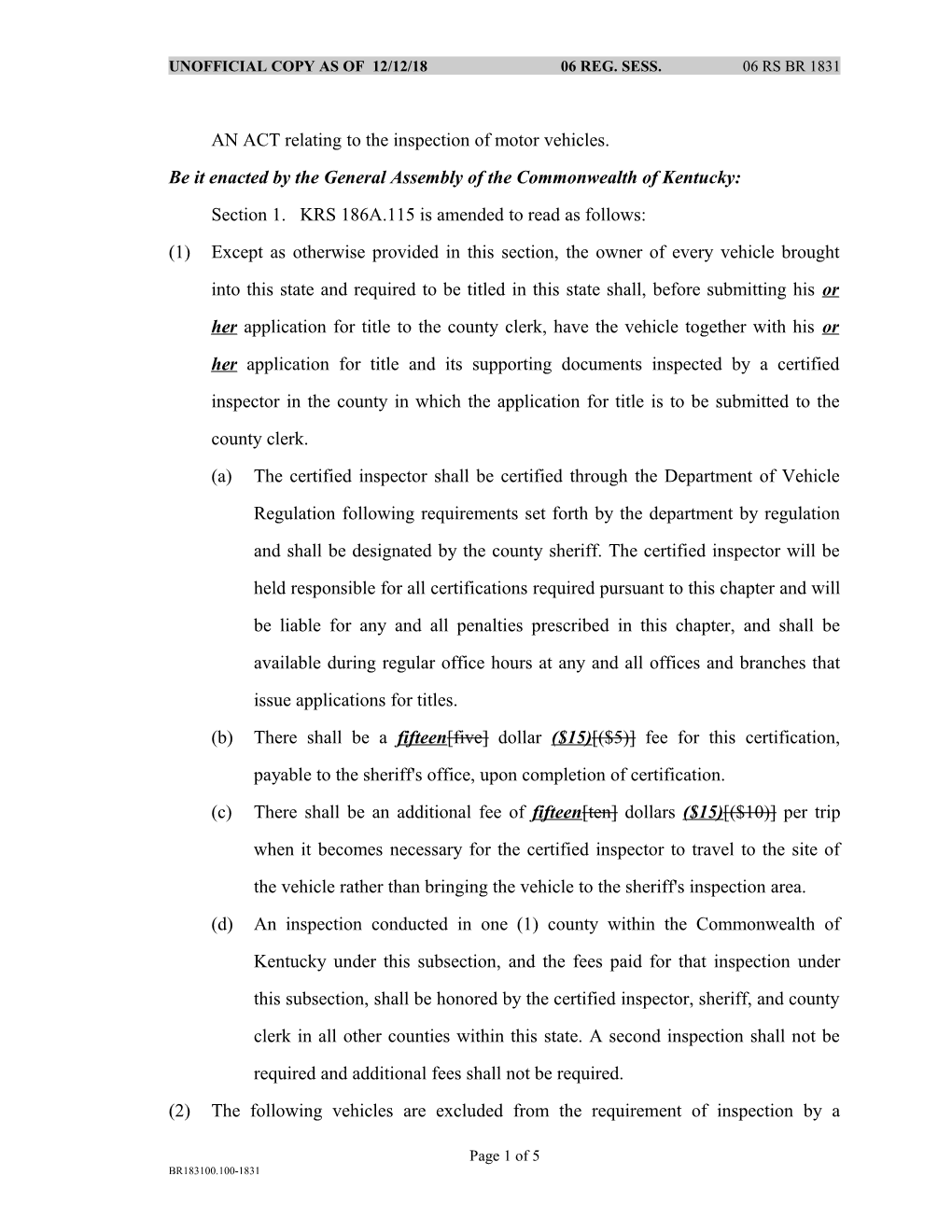 AN ACT Relating to the Inspection of Motor Vehicles