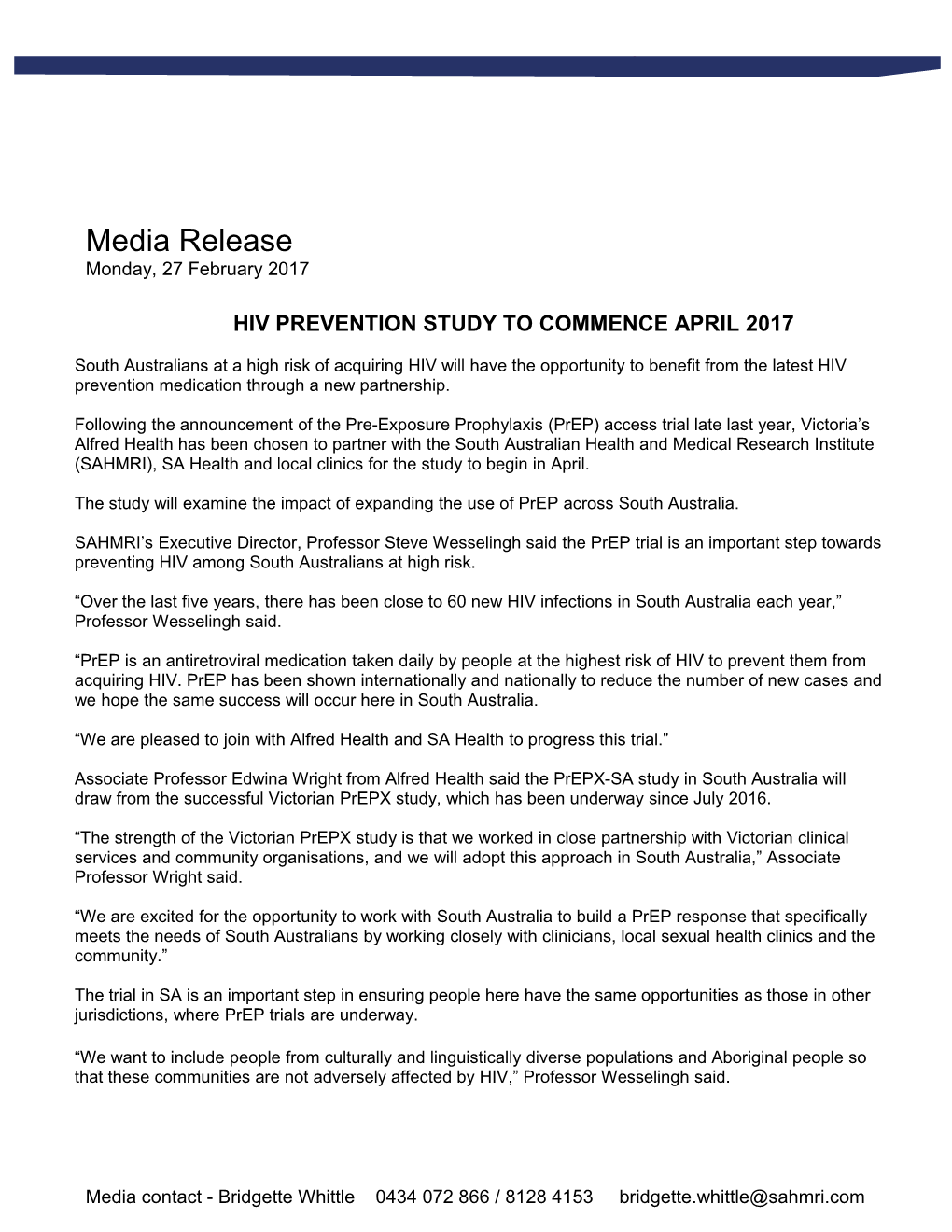 Hiv Prevention Study to Commence April 2017