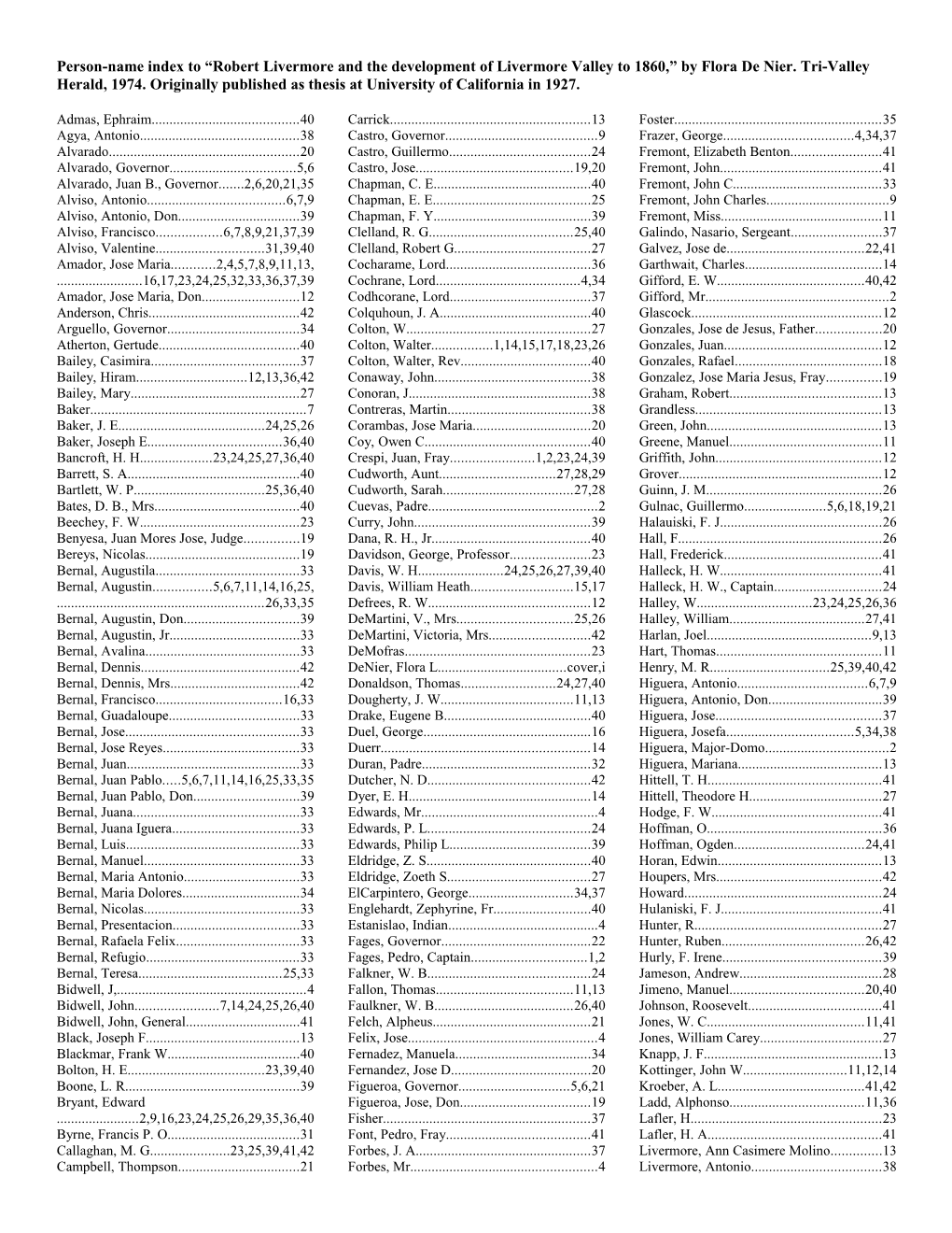 Person-Name Index to Robert Livermore and the Development of Livermore Valley to 1860