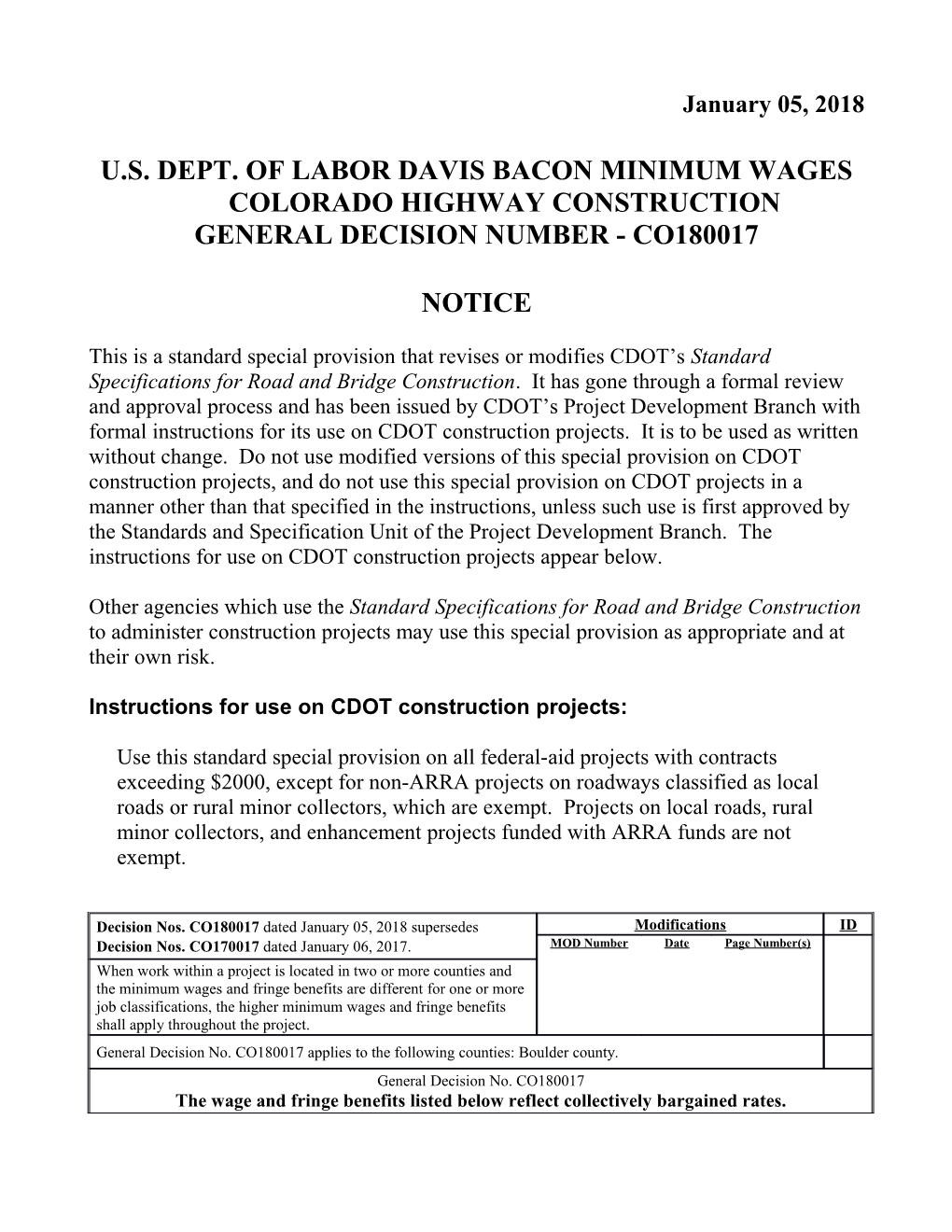 U.S. Dept. of Labor Davis Bacon Minimum Wages Colorado Highway Construction