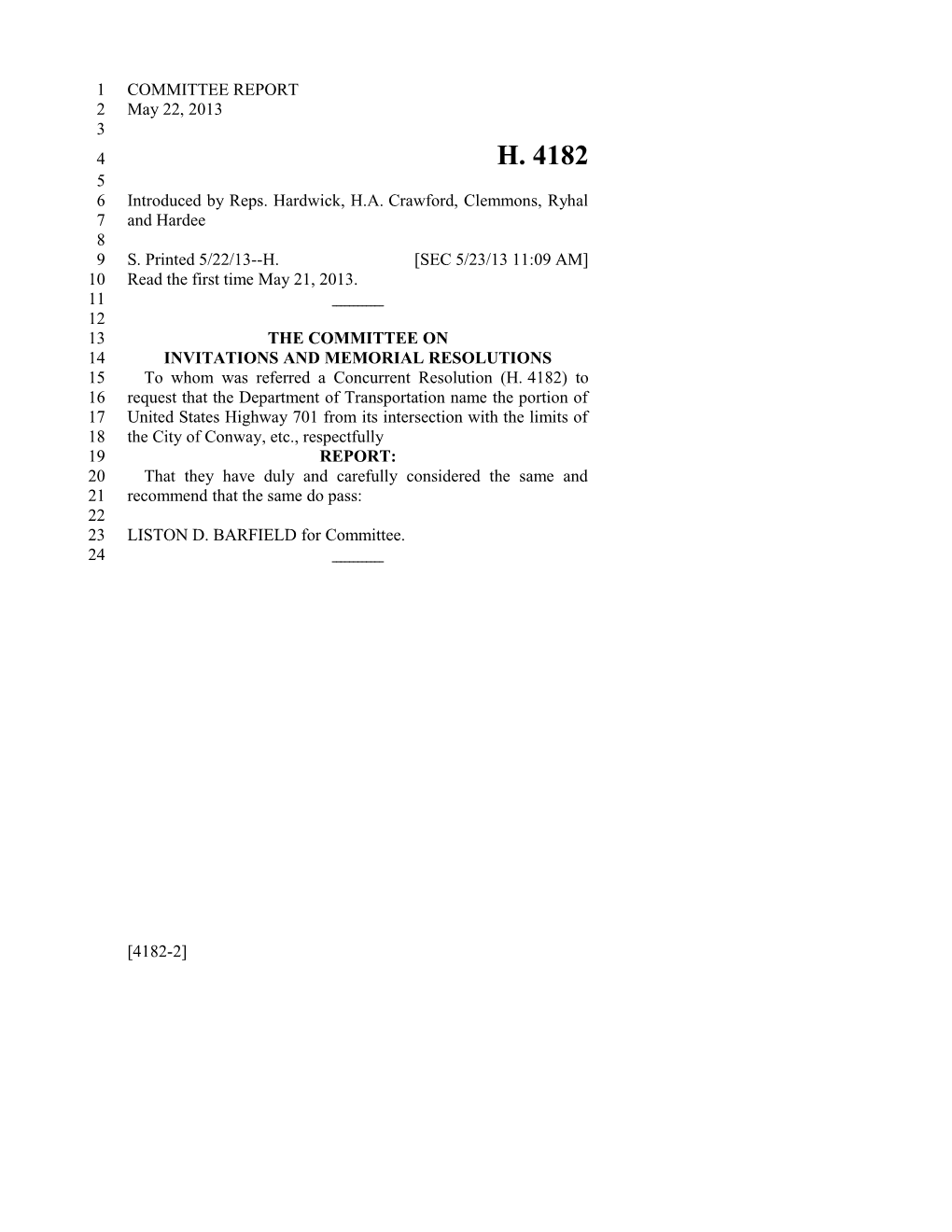 2013-2014 Bill 4182: W. D. 'Billy' Witherspoon Highway - South Carolina Legislature Online