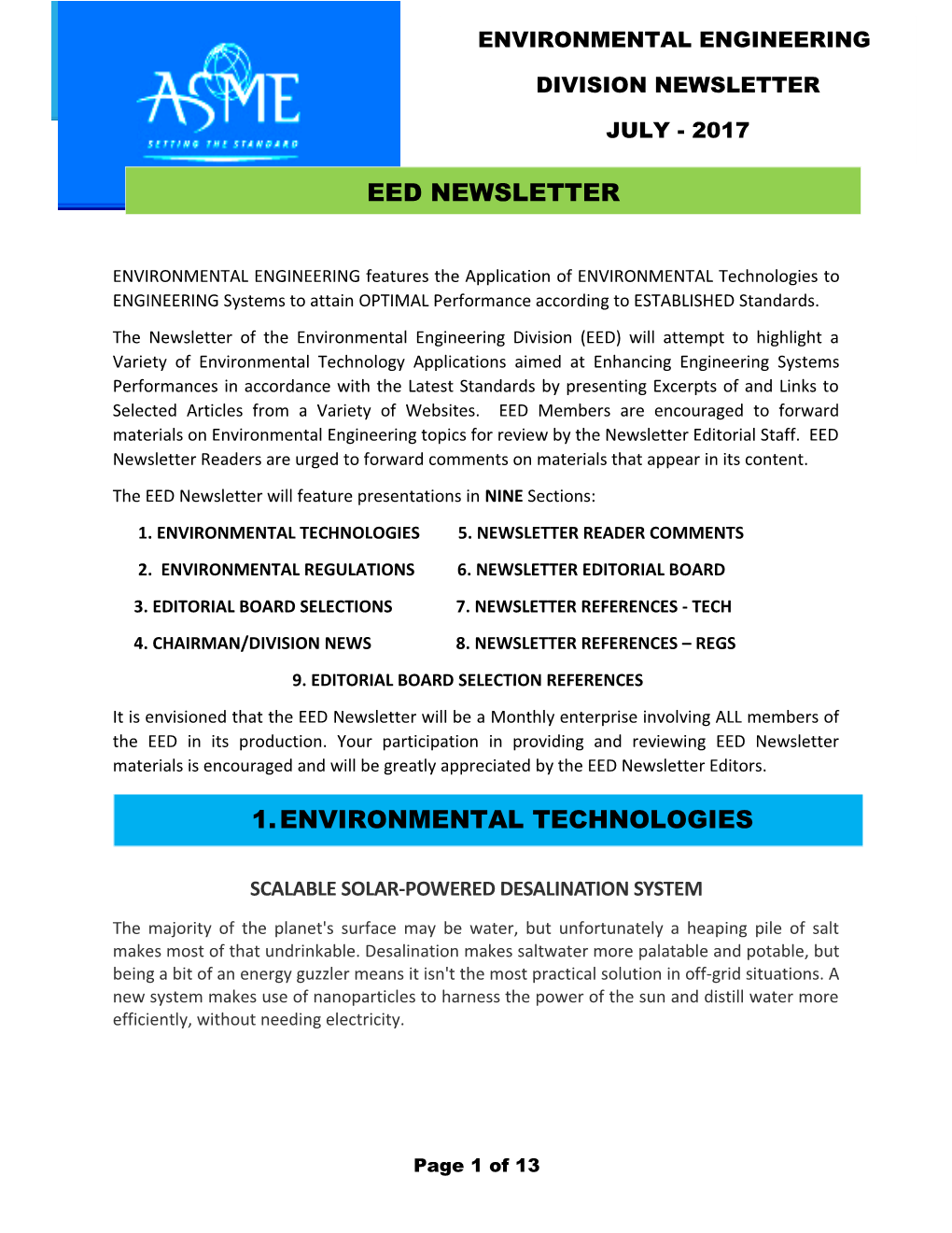 The EED Newsletter Will Feature Presentations in NINE Sections