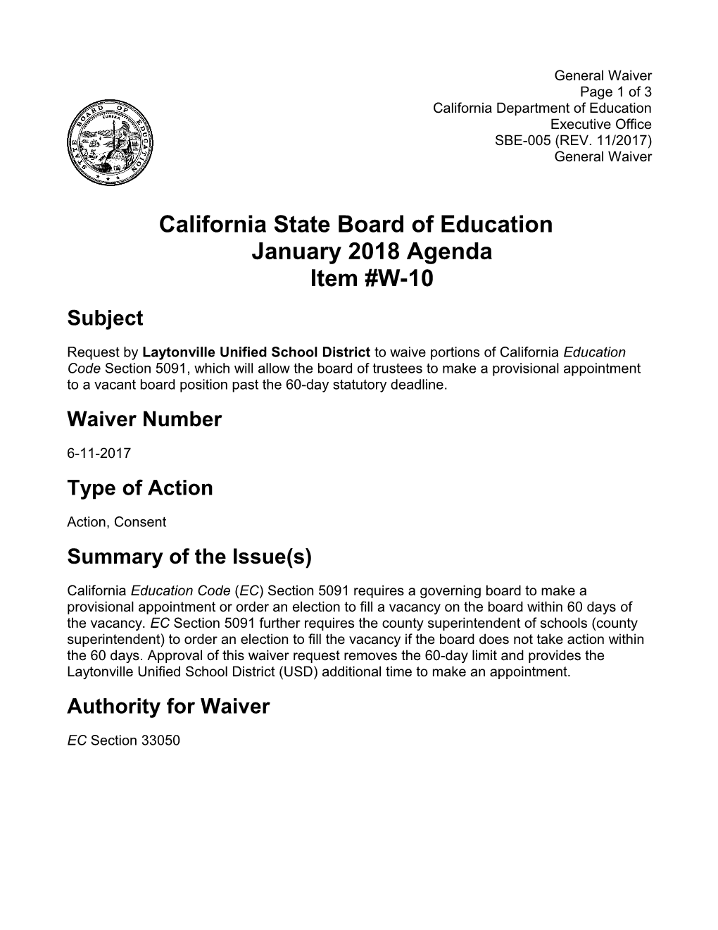 January 2018 Waiver Item W-10 - Meeting Agendas (CA State Board of Education)