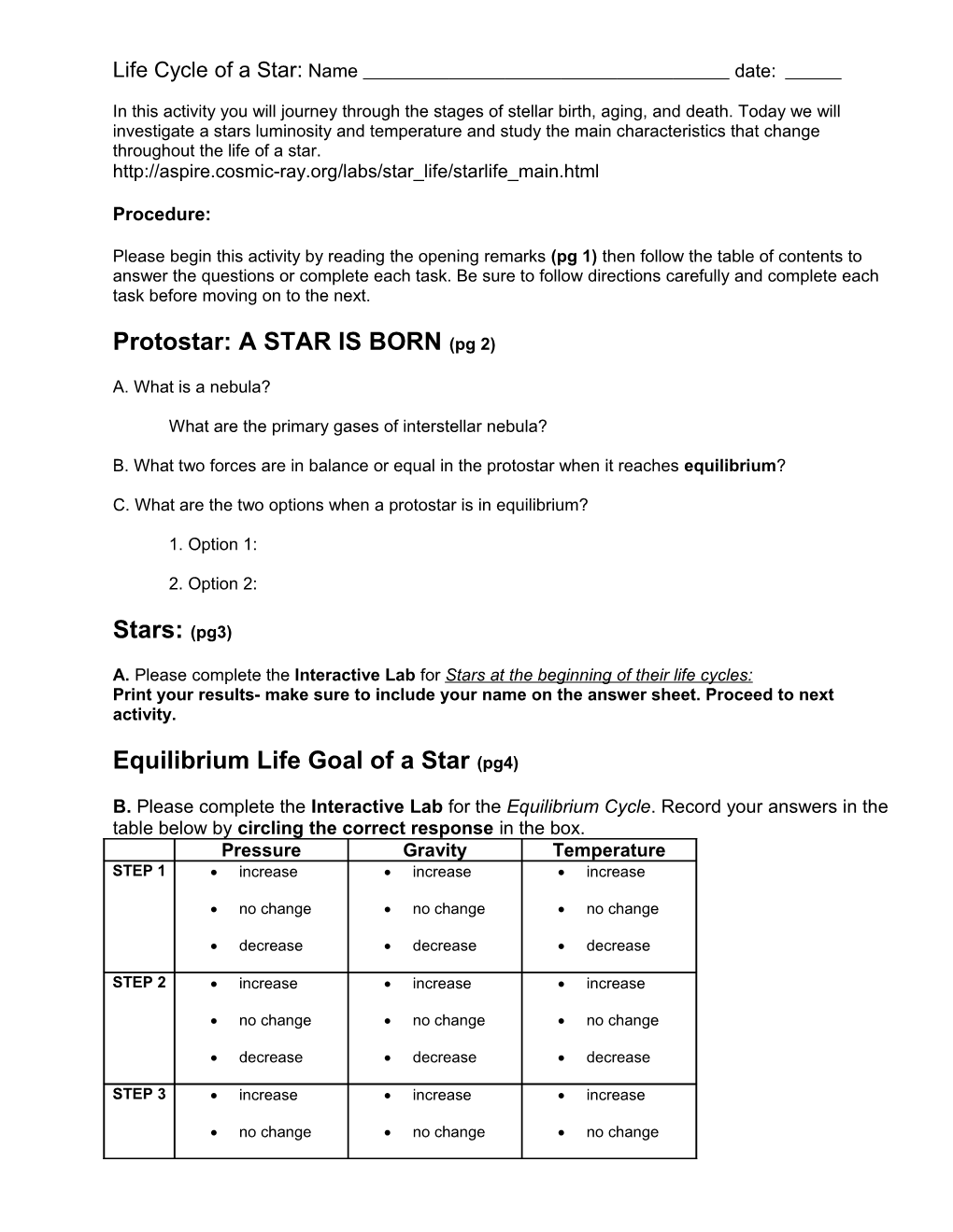 Life Cycle of a Star: Name Date