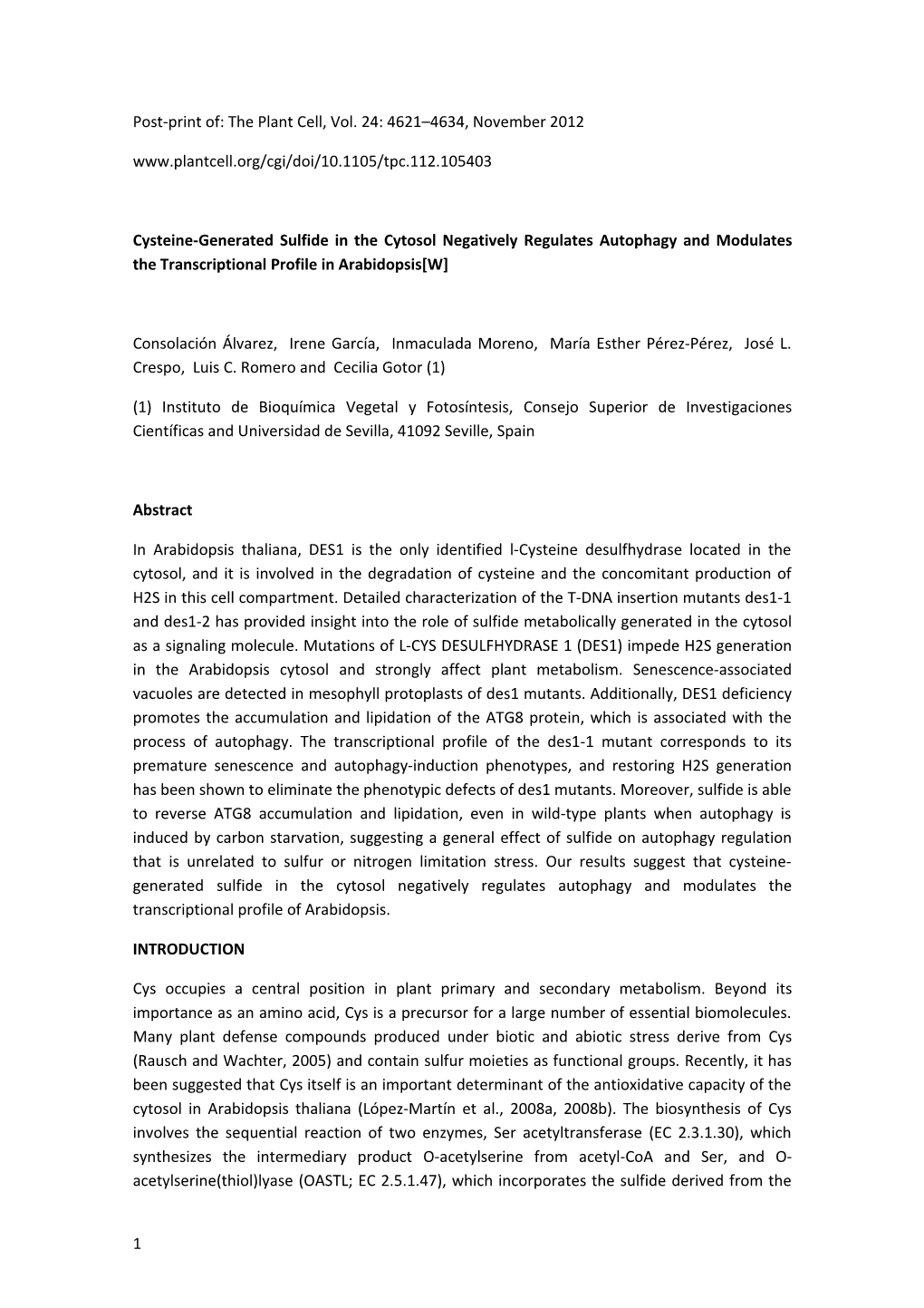 Post-Print Of: the Plant Cell, Vol. 24: 4621 4634, November 2012