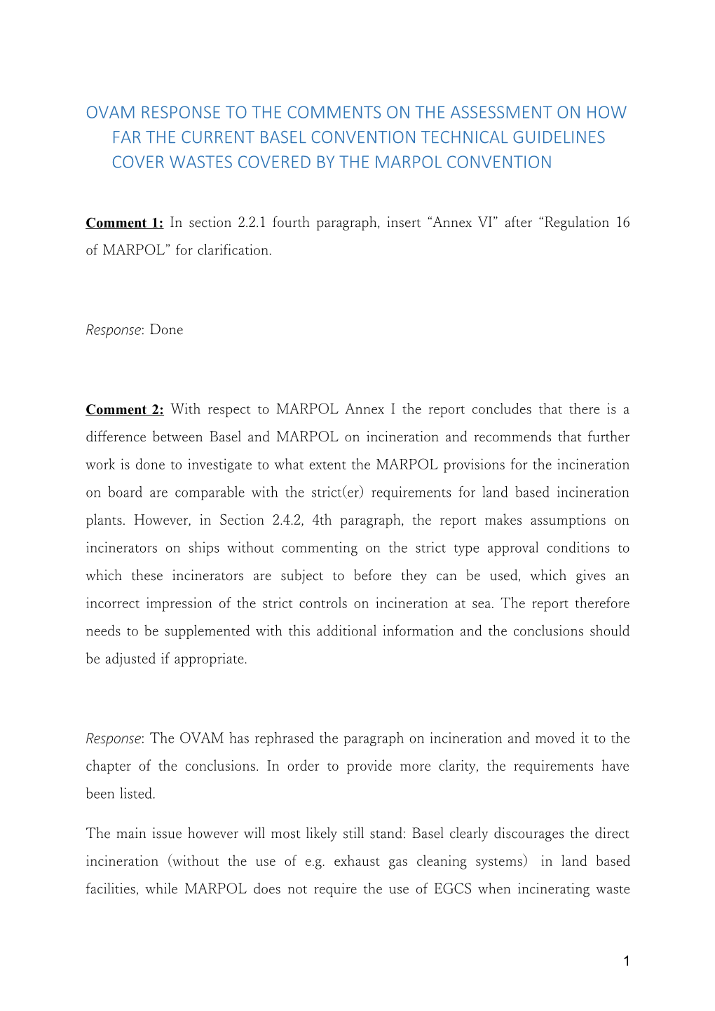 Ovam Response to the Comments on the Assessment on How Far the Current Basel Convention