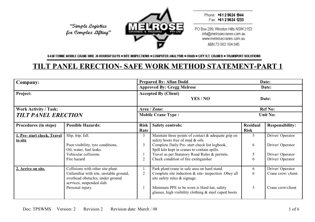 Melrose Cranes and Rigging Pty Ltd-Safe Work Method Statement