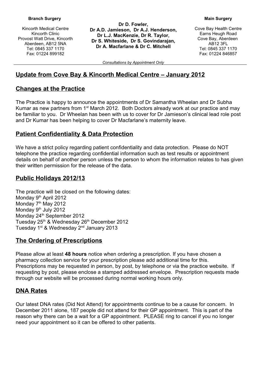 Update from Cove Bay & Kincorth Medical Centre January 2012