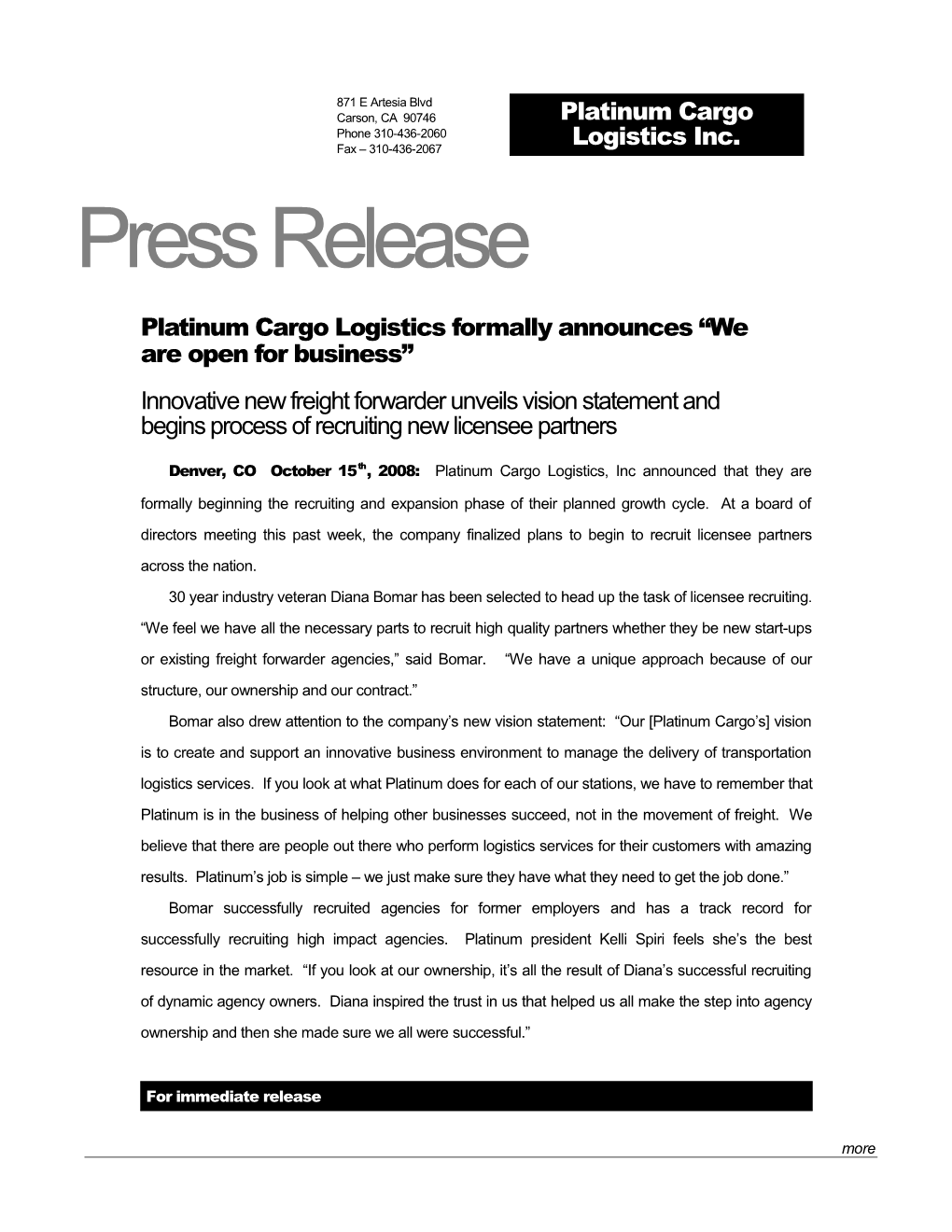 Page 1Platinum Cargo Logistics Open for Business