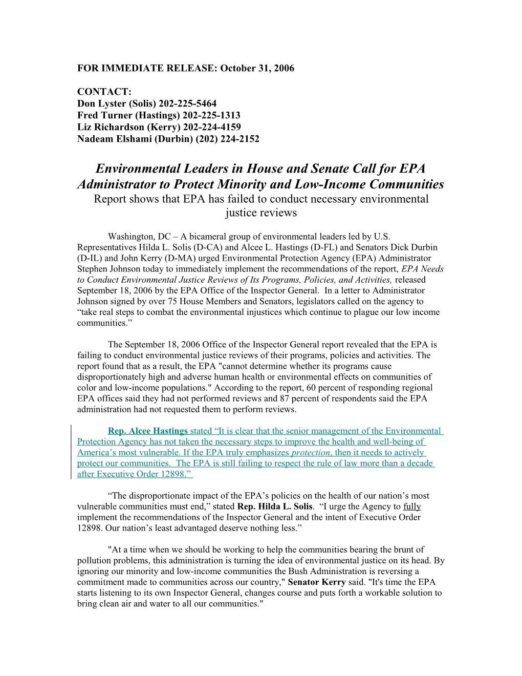 Environmental Leaders in House and Senate Call for Major Changes in Administration's