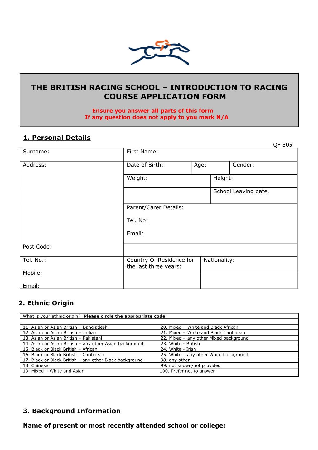 The British Racing School Introduction to Racing Courseapplication Form