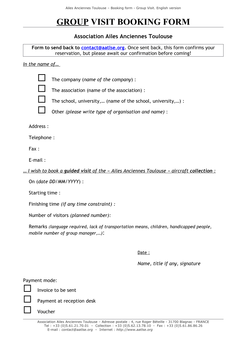 Ailes Anciennes Toulouse Bookingform - Group Visit. English Version