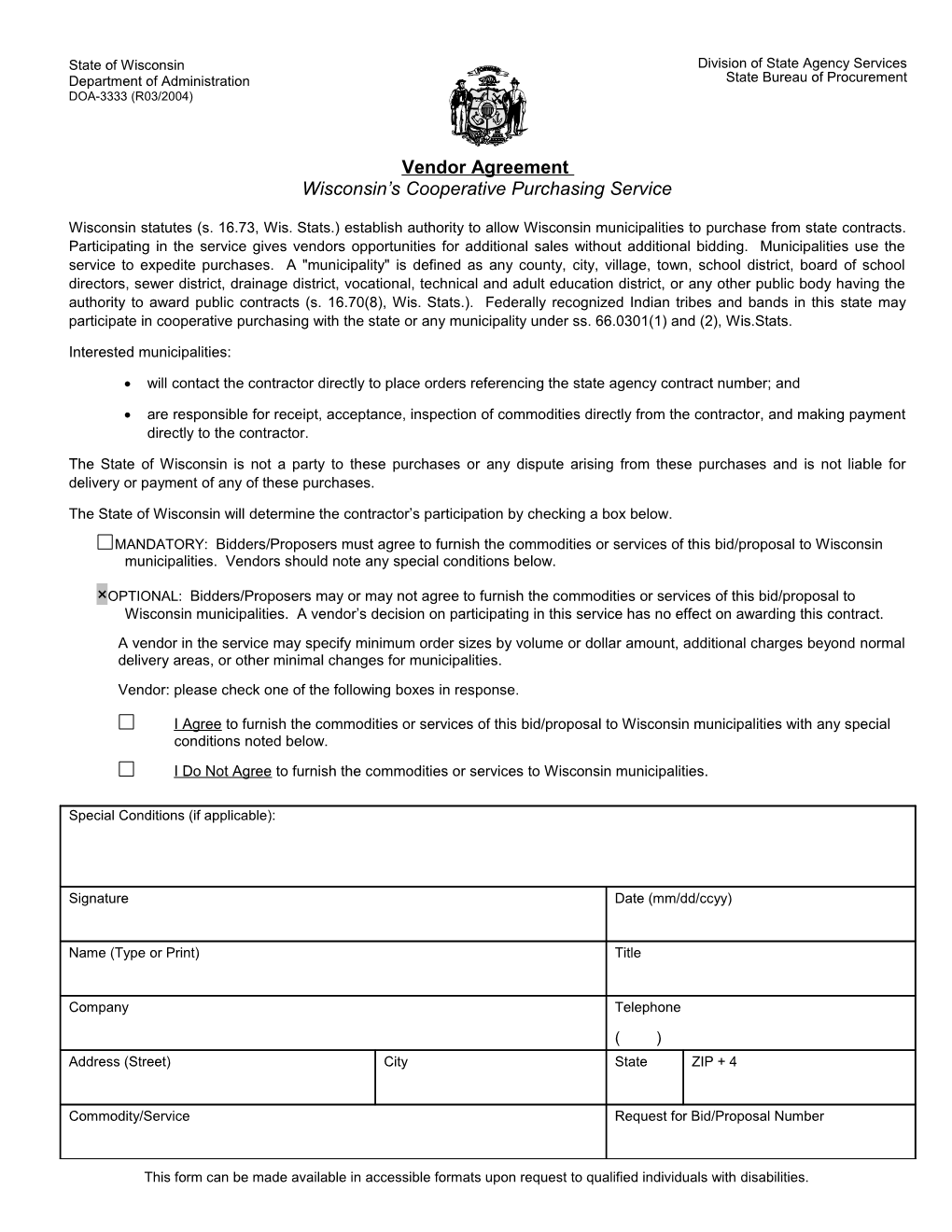 Vendor Agreement Form (DOA-3333)