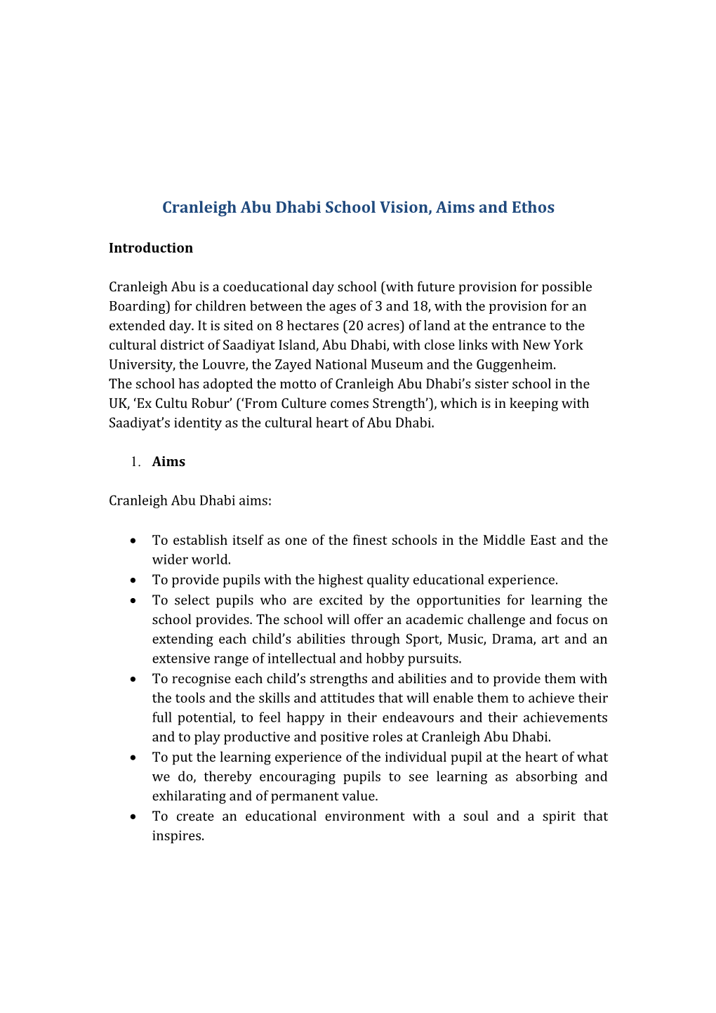 Cranleigh Abu Dhabi School Vision, Aims and Ethos