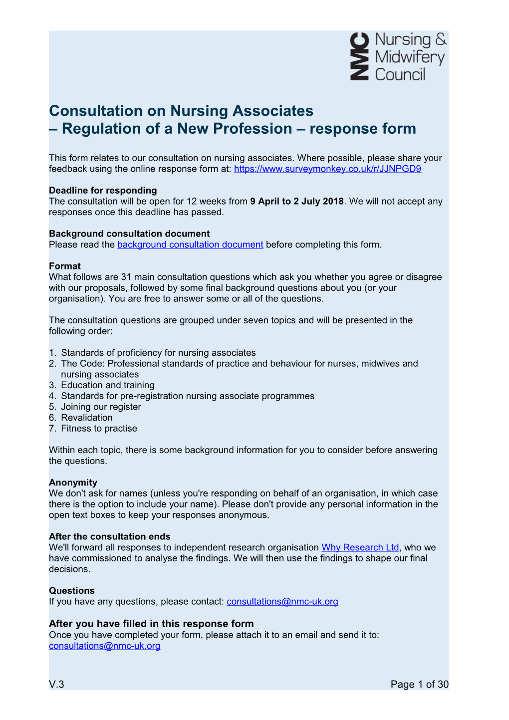 Regulation of a New Profession Response Form