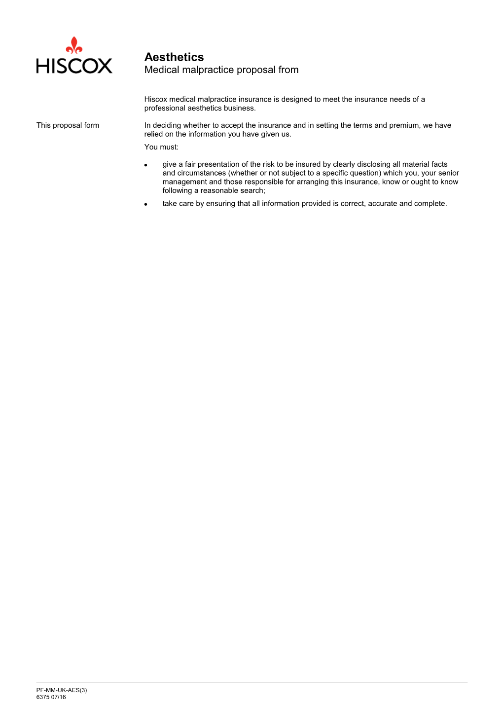 Medical Malpractice - Aesthetics - Proposal Form (UK)