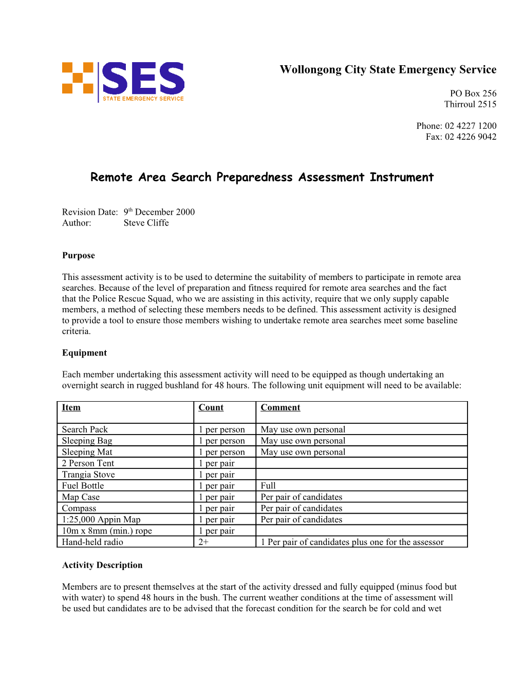 Remote Area Search Preparedness Assessment Instrument