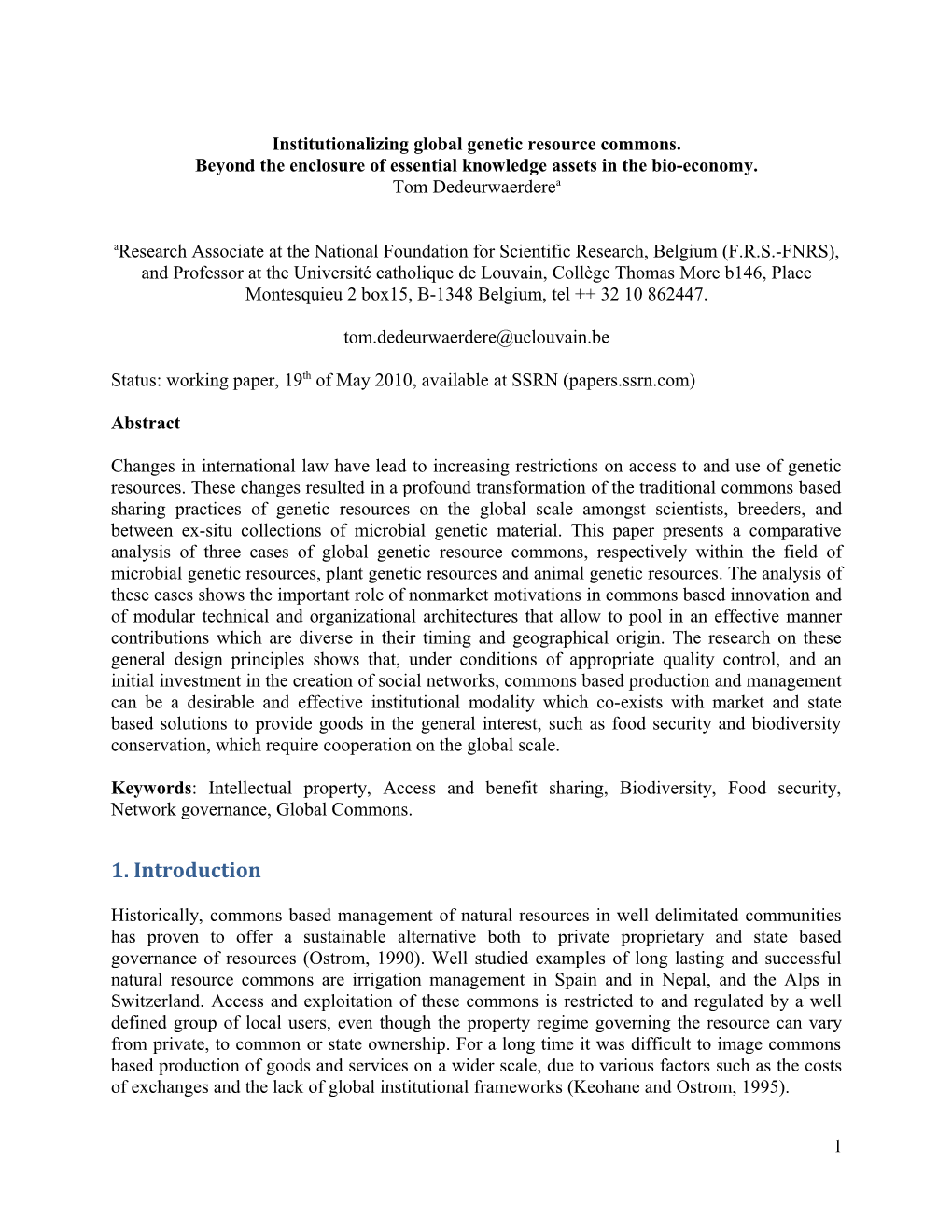 Institutionalizing Global Genetic Resource Commons