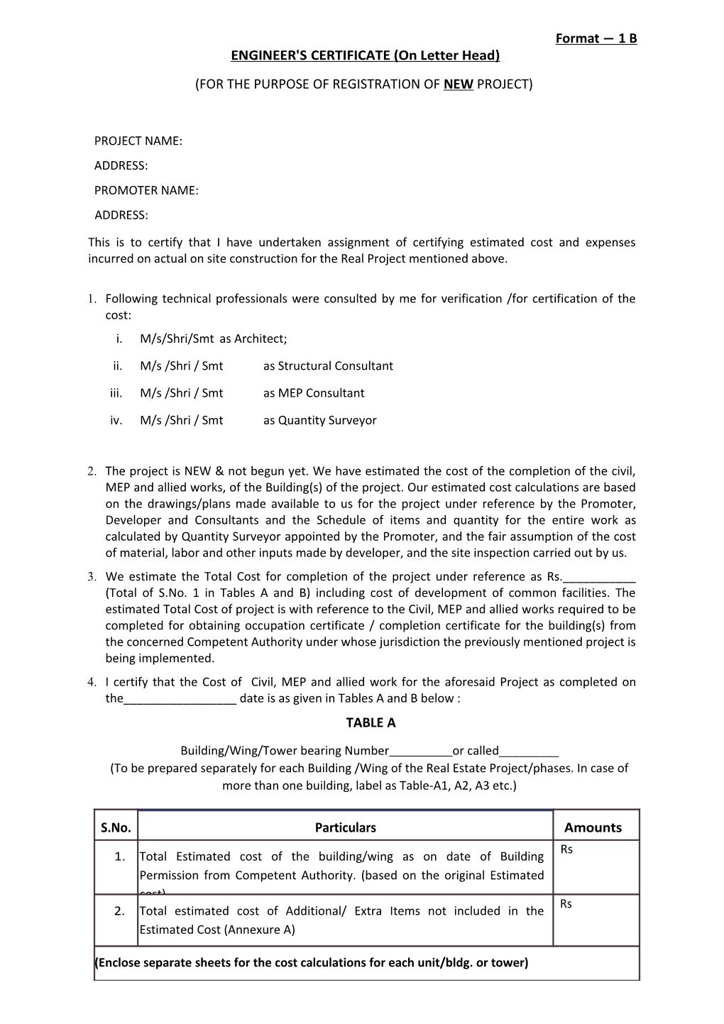 ENGINEER'scertificate (On Letter Head)