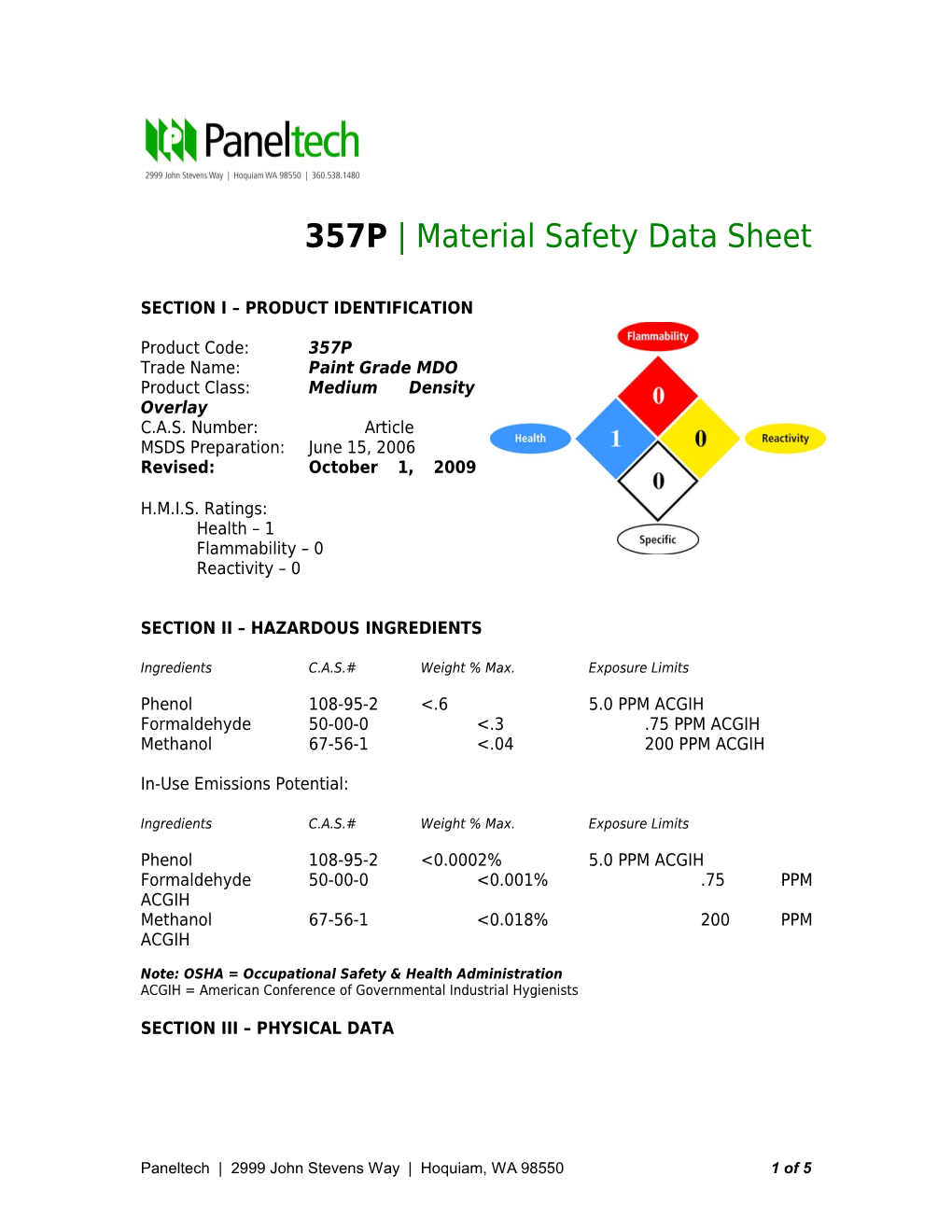 357P Material Safety Data Sheet